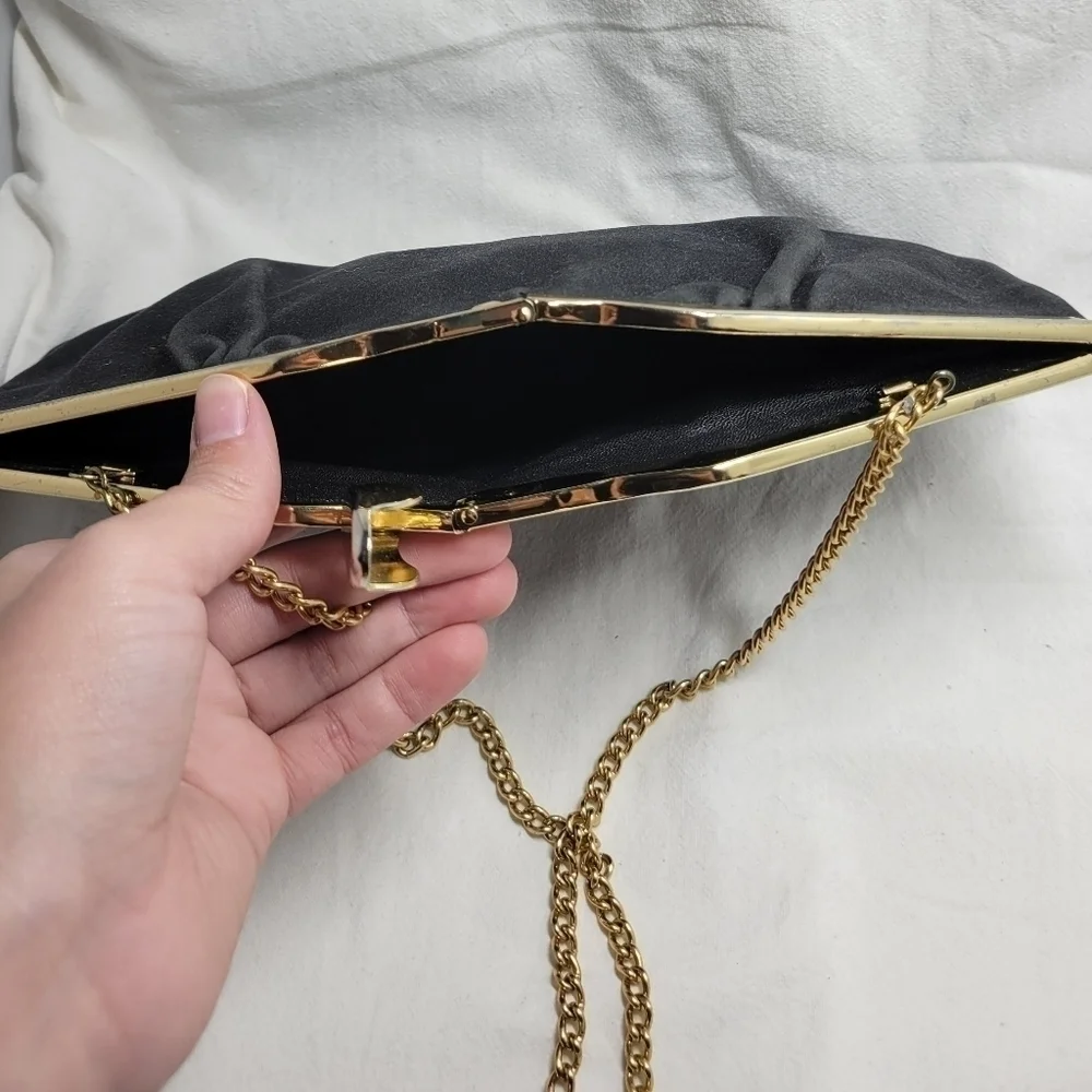 Vintage RARE Black Suede clutch Evening Bag Long Chain Purse box style opening - Picture 7 of 7